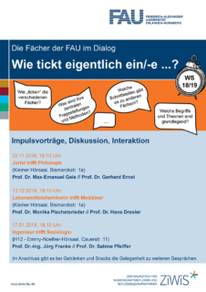 Das Poster zeigt das Programm der Veranstaltungsreihe. Diese kann auch unter https://www.ziwis.fau.de/2018/11/12/wie-tickt-eigentlich-ein-e-neues-ziwis-format-startet-am-22-november/ nachgelesen werden.