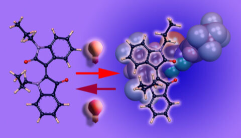 Einer FAU-Forschungsgruppe ist es erstmals gelungen, den Farbstoff Indirubin in einen Fotoschalter umzuwandeln: Wird ein Molekül mit Licht bestrahlt kann es zwischen zwei strukturell verschiedenen Formen mit unterschiedlichen Eigenschaften hin und her geschalten werden. (Grafik: Lehrstuhl für Organische Chemie I)