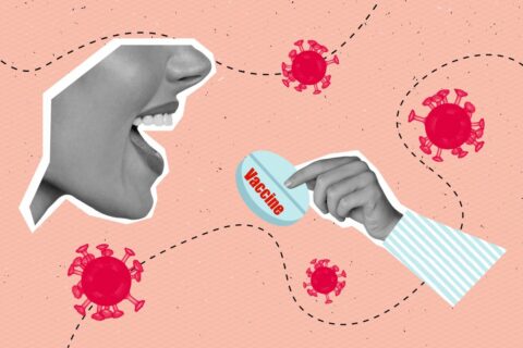 Symbolbild. Links sieht man einen Frauenkopf, rechts eine Hand, die eine vergrößerte Tablette hält, auf der "Vacccine", d. h. Impfostoff steht. Die Frau öffnet den Mund, um die Tablette zu schlucken. Rote Symbolbilder von Viren schwirren vor einem rosa Hintergrund herum.