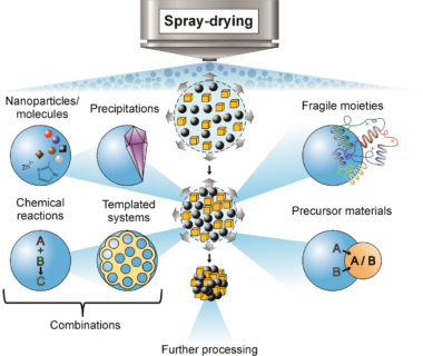 Im Sprühtrocknungsvorgang werden durch forcierte Assemblierung schnell und einfach verschiedenste Materialkomponenten unabhängig ihrer chemischen Natur kombiniert. So ist es nicht nur möglich, Nanopartikel und Moleküle zu einer größeren Einheit zu vereinen, sondern auch Fällungsreaktionen sowie chemische Synthesen durchzuführen, Template zu entwerfen, oder sogar diese Methoden zu kombinieren. Selbst empfindliche Bestandteile können eingesetzt oder Vorläufermaterialien für weitere Prozesse hergestellt werden. All diese Produkte des Sprühtrocknens können auf der nächsten Ebene zur Herstellung multifunktionaler Materialien in verschiedensten Schritten weiterverarbeitet werden.