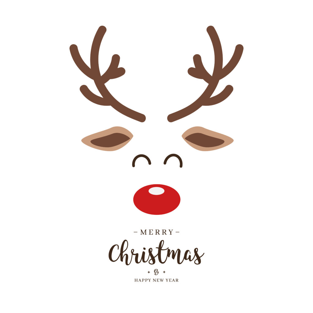 Die Grafik zeigt schematisch das Geweih, Ohren und Augen eines Rentiers mit einer großen roten Nase. Darunter steht in englischer Sprache "Merry Christmas and a happy new Year."