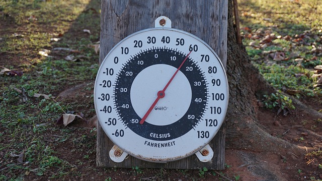 Das Foto zeigt ein rundes Thermometer, auf dem sowohl die Temperaturangaben in Grad Celsius und Fahrenheit angegeben sind.